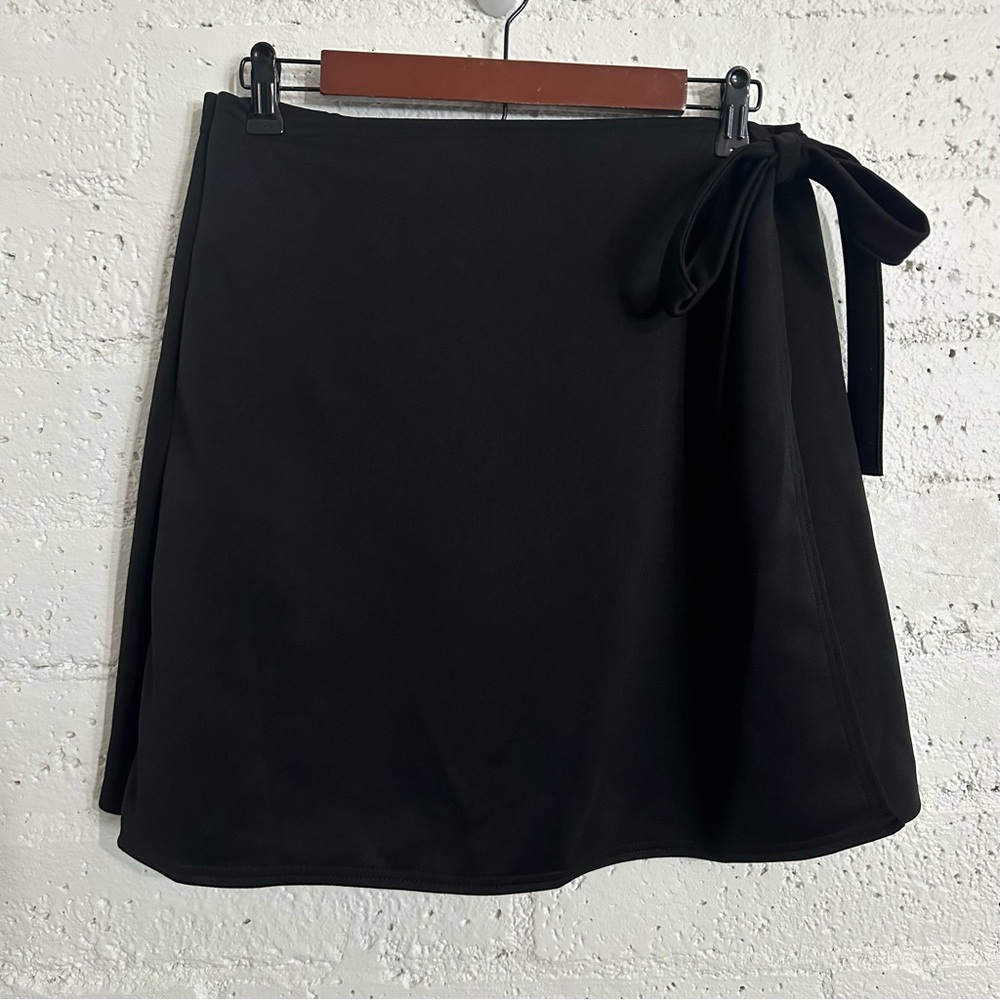 Boohoo Womens Wrap Skirt 14 (UK 18) Black Side Tie Stretch Knee Length NEW BA16